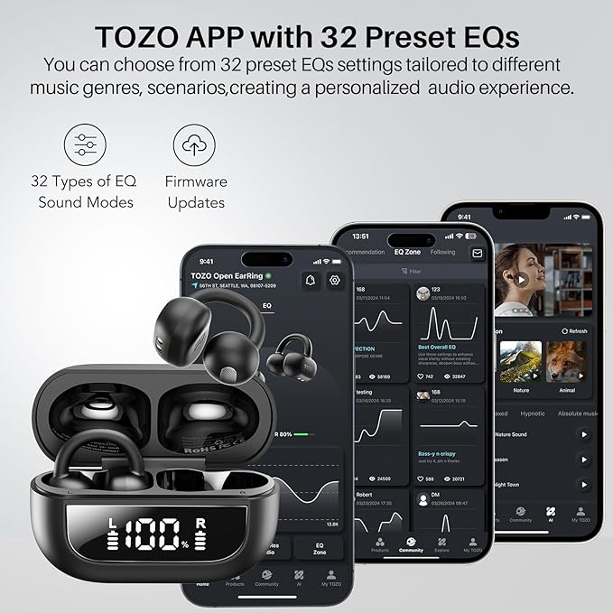 TOZO OpenEarRing True Open Ear Earbuds, Lightweight Comfort Open Ear Clip Wireless Earbuds, 40H Play Bluetooth 5.4 Headphones with Smart Digital Display Design Fit Sports Running, Workout Black