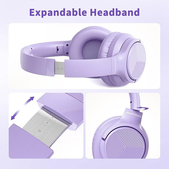 Botesty Sound Headphones Wired with Microphone, Over Ear Foldable 3.5mm Plug in Headphones with 4.9ft Tangle-Free Nylon Cord for Tablet, Laptop, MP3/4, School, Airplane Travel (Purple)