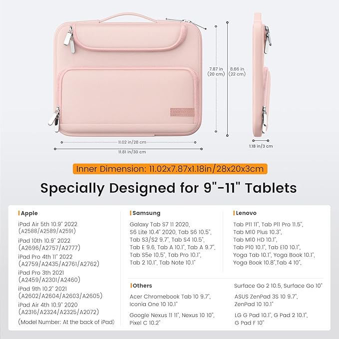 MoKo 9-11 Inch Tablet Sleeve Bag, Fits iPadAir 5/4th 10.9, iPadPro 11 Inch, iPad 9/8th 10.2, iPad 10th 10.9, Tab S8/S9 11",Waterproof Polyester Bag with Double Pockets,Retractable Handle, Pink