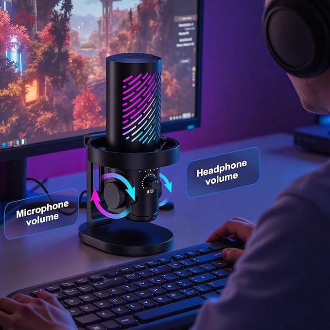 CG1 RGB Condenser Microphone Plug & Play, Noise Cancellation, Mute,Computer/Mic Monitoring Balance Adjustment, Headphone Jack, Desktop Stand for Gaming, Streaming, Podcasting, PC/Type-C Phones