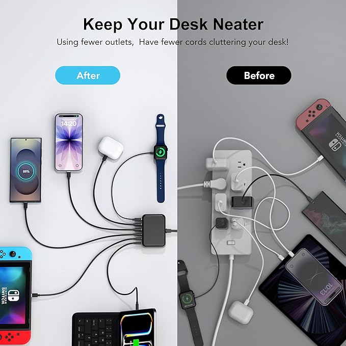 [2026 Updated] USB C Fast Charger, 100W GaN 6 Port Type C Charging Station Hub Block Cube, USB C Wall Charger Power Strip Adapter Plug for iPad iPhone 17 16 15 14 Pro Max Pixel Note Galaxy, 5ft Cord
