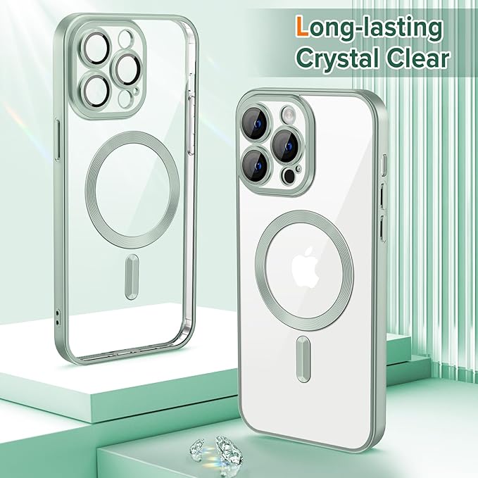 Hython Magnetic Clear for iPhone 13 Pro Max Case with Camera Lens Protector [Compatible with MagSafe] Plating Edge Slim Soft TPU Cover Protective Phone Case for iPhone 13 Pro Max 6.7", Matte Mint