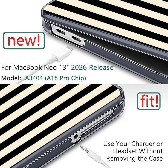 DONGKE for MacBook Neo 13 Inch Case 2026 (Model A3404, A18 Pro chip), Stylish Pattern Protective Hard Shell with Screen Protector, Keyboard Cover & USB-C Adapter - Black & Cream Stripes