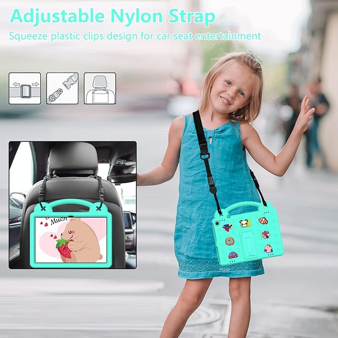 AKABEILA Compatible with ONN 10.1(GEN3) 2022(1000071485)/Amazon Fire HD 10(2021/2023)/Fire HD 10 Plus(2021/2023) Tablet Case, Kids Case with Shoulder Strap & Stand Handle Mint Green