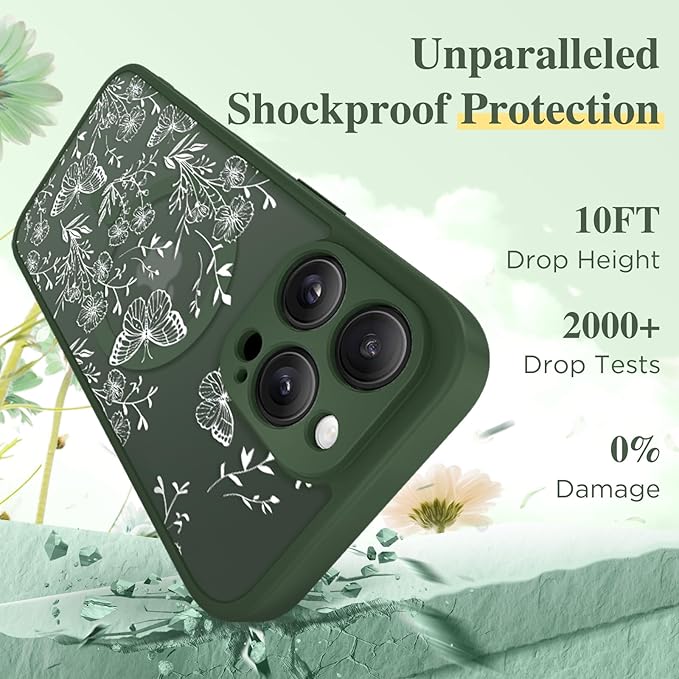 GVIEWIN for iPhone 16 Pro Max Case Compatible with MagSafe, [Military Grade Protection] [Screen Protector] Full Camera Protection Floral Translucent Women Magnetic Phone Case, Tuberose/Forest Green