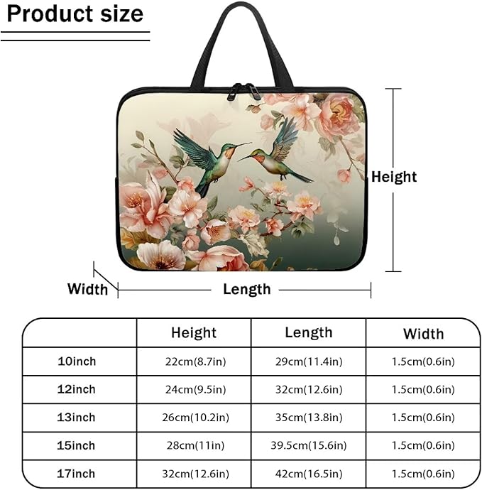 Hummingbird Laptop Sleeve for Women, Protective Computer Cover Case with Handle Briefcase Carrying Bag Compatible 17 Inch Notebook, Chromebook Computer, Vintage Floral