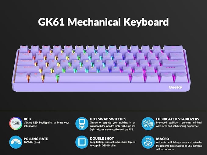 Geeky GK61 60% | Hot Swappable Mechanical Gaming Keyboard | 61 Keys Multi Color RGB LED Backlit for PC/Mac Gamer | ANSI US American Layout (Lavender, Mechanical Brown)
