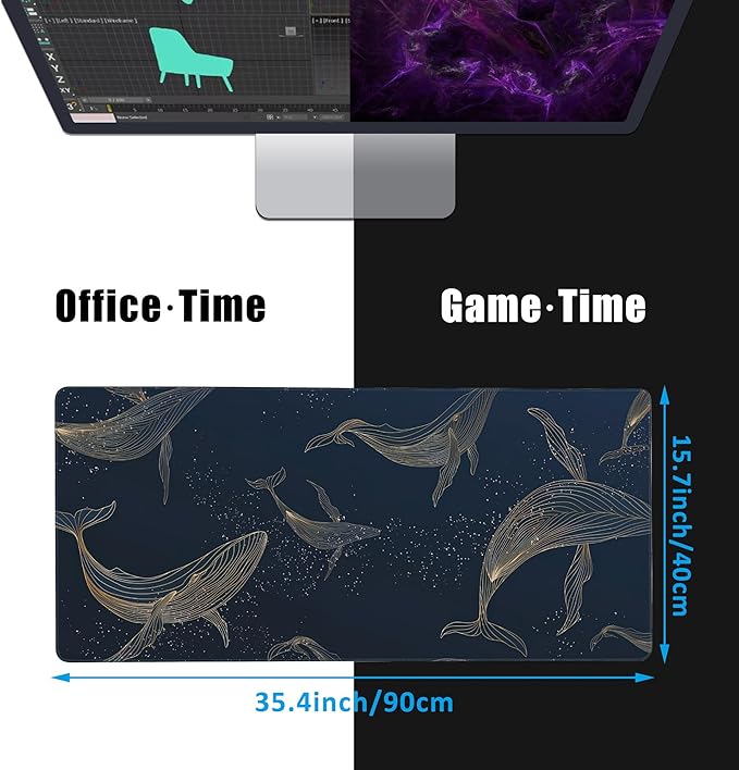 Whales in Gold Line Desk Mat,Large Gaming Mouse Pad,Non-Slip Rubber Base Desk Pad with Stitched Edges for Desk Office Home Decor 35.4X15.7 Inch