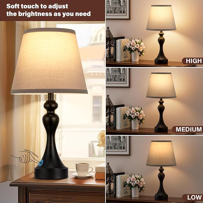 Seealle Touch Lamps for Nightstand - Bedside Lamps Set of 2, 3 Way Dimmable, USB C+A for Bedroom & End Tables (Black&Grey)