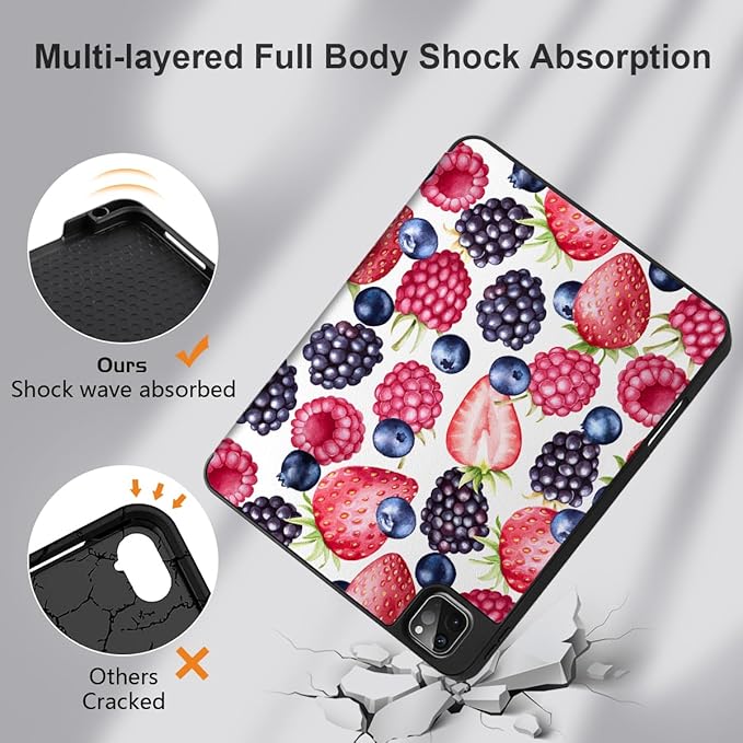 MEEgoodo for iPad Pro 12.9 Case M2 6th/5th/4th/3rd Generation 2022 2021 2020 2018 with Pencil Holder, Tablet Cover with Soft TPU Back Shell, Fresh Berries Pattern