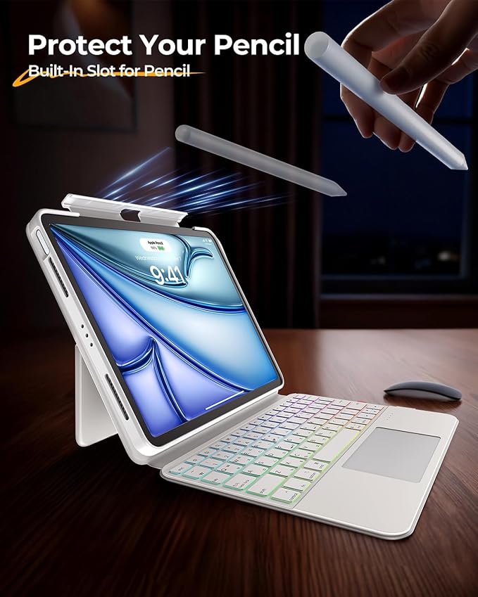 Keyboard Case for iPad Air 13" (M3/M2 2025/2024) & iPad Pro 12.9" (6/5/4/3 Gen) 2018 2020 2021 2022, Clear Magnetic Rotatable & Liftable, 7-Color Backlit, Native Gesture Trackpad w/Stand,White
