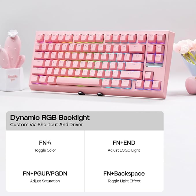 EPOMAKER G84 80% RGB Gaming Mechanical Keyboard, 2.4GHz/ Type-C/BT Wireless Keyboard, QMK/VIA Programmable, Hot-Swappable, NKRO, with Shine Through PBT Keycaps for Gamers (Pink, Creamy Jade Switch)