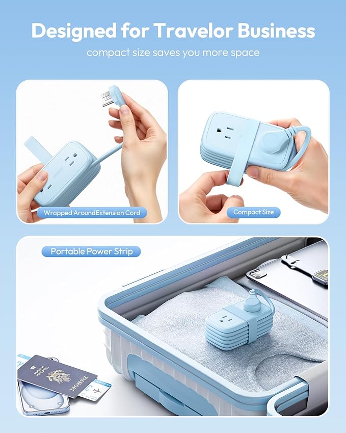 NTONPOWER Blue Travel Power Strip 20W, Travel Essentials 4 Outlets 3 USB(1 USB-C) with 4FT Wrapped Extension Cord Flat Plug, Vacation Essentials for Hotel Travel Camping Cruise Essentials 2026