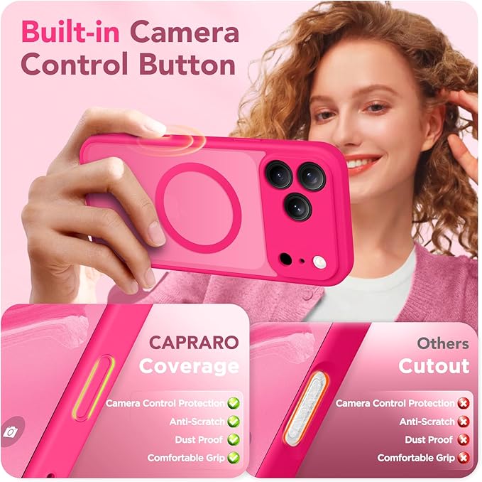 CAPRARO Magnetic for iPhone 17 Pro Case, Upgraded [Full Camera Protection] [Compatible with MagSafe] Protective Translucent Matte Women Girl Phone Case Cover, Hot Pink