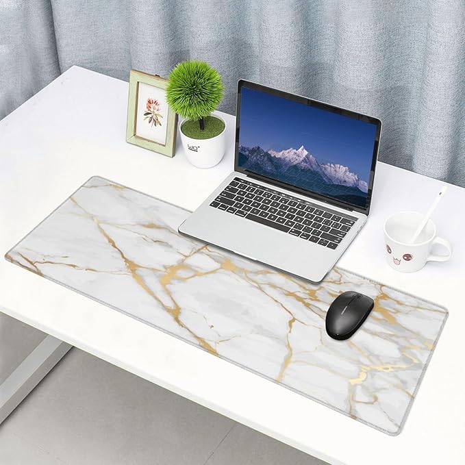 White and Gold Marble XL Large Mouse Pad with Stitched Edges Long Non-Slip Rubber Base Mousepad Laptop Keyboard Mat Desk Pad for Office Home Desk Decor, 31.5" X 11.8"