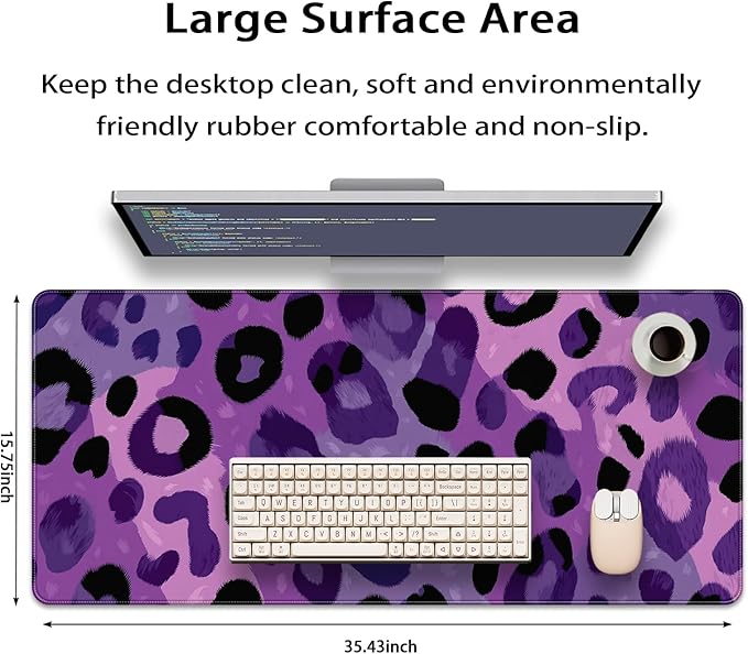 35.4 x 15.7 in, XXL Large Mouse Pad for Desk, Extended Keyboard Mouse Mat for Computer Office, Big Mouse pad with Stitched Edges, Gaming Pc-Purple Leopard Print