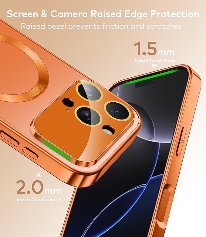 TOBOVON Magnetic for iPhone 16 Pro Case with Ring Stand, Fits MagSafe, with Built-in Camera Lens Protector, Slim Electroplated Shockproof Phone Cover, Orange