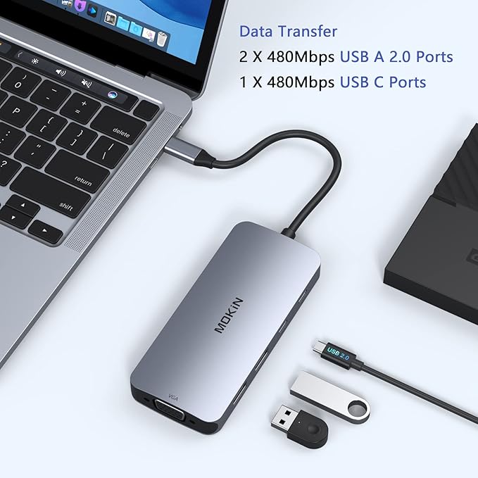 USB C Docking Station Dual HDMI, MOKiN Docking Station 3 Monitors, DisplayPort, VGA, 100W PD Charging, 2USB A 2.0, USB C 2.0 Ports Multiport Adapter, 8 in 1 USB Hub for Dell, HP, Lenovo ThinkPad