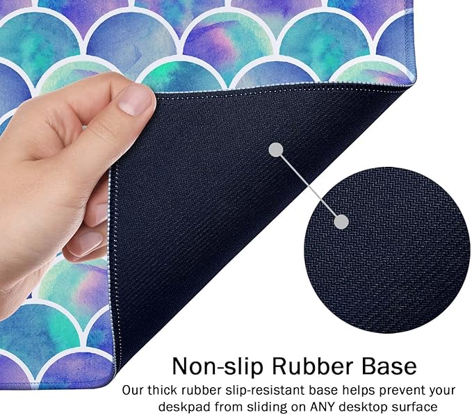 SSOIU Desk Mat, Extended Gaming Mouse Pad 35.5x15.7 in, Large Non-Slip Rubber Base Mousepad with Stitched Edges, Waterproof Keyboard Mouse Mat Desk Pad for Work, Game, Office -Watercolor Mermaid Scale