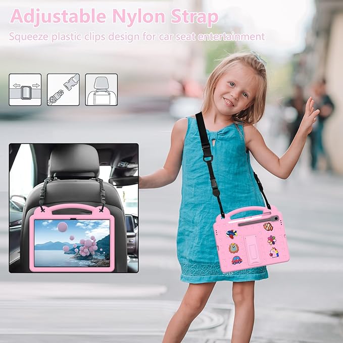 AKABEILA Compatible with Samsung Galaxy Tab A11 2025 Tablet Case, Kids Friendly Universal Lightweight Shockproof Protective Case with Shoulder Strap & Stand Handle Pink