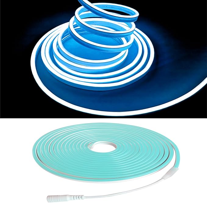 Ice Blue Neon LED Strip Lights, 16.4ft 12V Waterproof Flexible Light for Indoor/Outdoor Decoration (Includes Power Adapter)