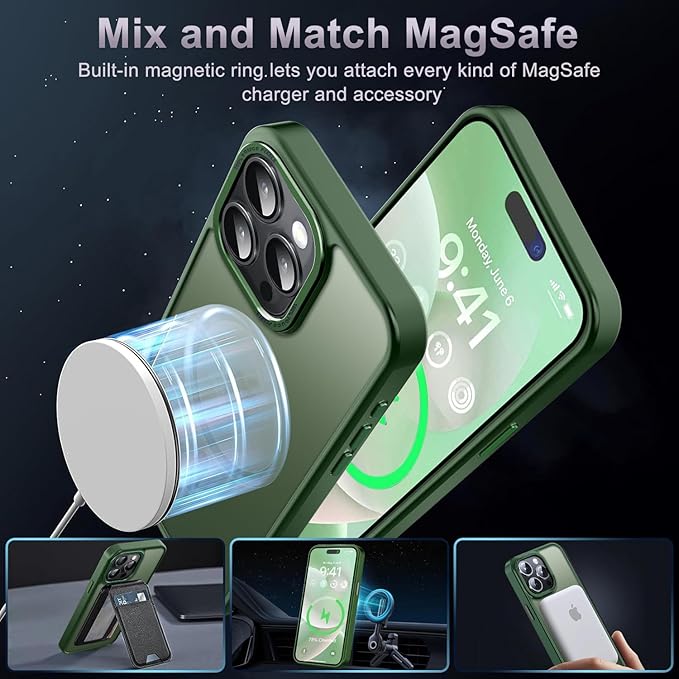 Newfuture Magnetic for iPhone 15 Pro Case [Compatible with Magsafe] [Military Grade Drop Protection] Translucent Matte Anti-Fingerprint Shockproof Phone Case for iPhone 15 Pro 6.1 inch, Dark Green
