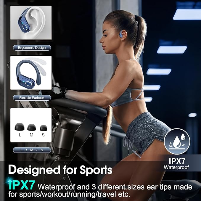 Wireless Earbuds 75hrs Bluetooth 5.4 Headphone Sport, 2026 Bluetooth Earbuds Stereo Deep Bass Over Ear Bud with Earhooks, ENC Noise Cancelling Mic, IPX7 Waterproof Earphone for Gym/Workout, Royal Blue