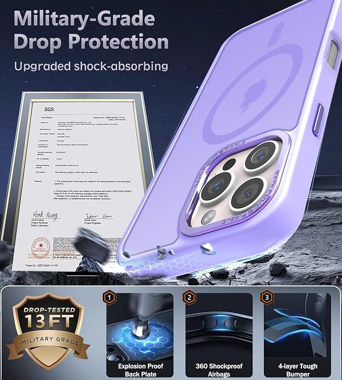 Newfuture Designed for iPhone 16 Pro Case with Magnetic [13 FT Military Drop Protection] [Compatible with Magsafe] Slim Translucent Matte Shockproof with Anti-Fingerprint Phone Case,Lilac Purple