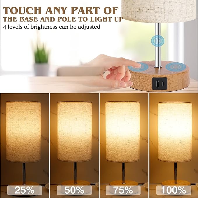 UNIFUN Touch Control Bedside Table Lamp with USB-C Charging Ports, 4-Way Dimmable Nightstand Lamp with Wood Base & Fabric Shade for Bedroom Living Room