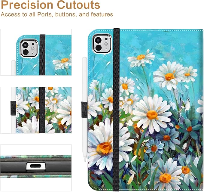 Vimorco for iPad Pro 13 Inch Case M5/M4 2025/2024, Flower for iPad 13 Pro Case M5/M4 for Girls Women, Auto Wake/Sleep, Adjustable Stand Cover, Hand Strap, Card Pocket, Pencil Holder, Daisy