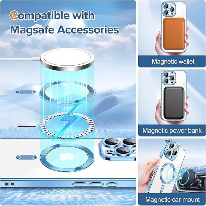 Hython Magnetic Clear for iPhone 16 Pro Max Case with Camera Lens Protector [Compatible with MagSafe] Plating Edge Slim Soft TPU Cover Protective Phone Case for iPhone 16 Pro Max 6.9", Light Blue