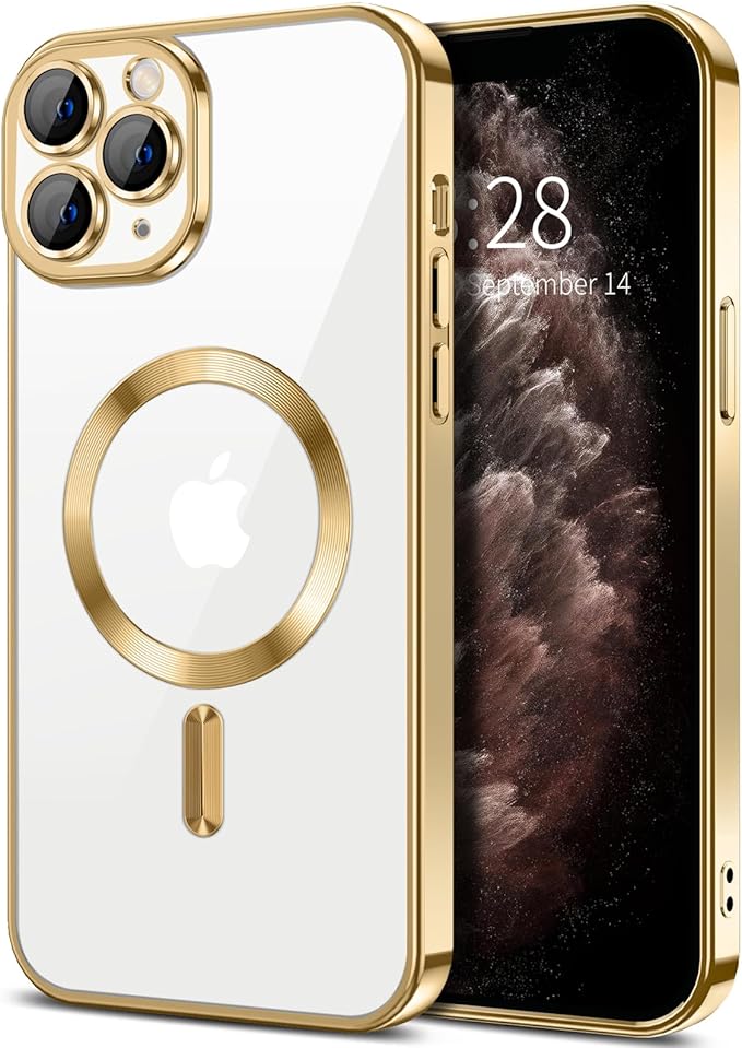 Hython Magnetic Clear for iPhone 11 Pro Case with Camera Lens Protector [Compatible with MagSafe] Luxury Plating Edge Slim Soft TPU Cover Protective Phone Case for iPhone 11 Pro 5.8", Gold