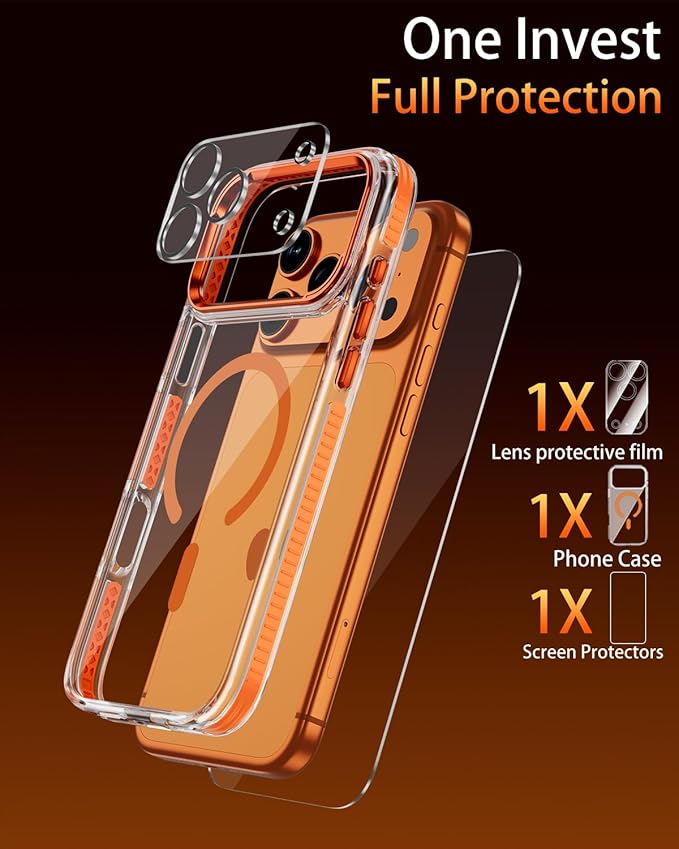 Full Body Protection Kit for iPhone 17 Pro Max Case, MagSafe Compatible Clear Cover, Orange Non-Slip Grip Bumper, N52 Magnetic Backing, Includes Tempered Glass Screen Protector and Lens Film