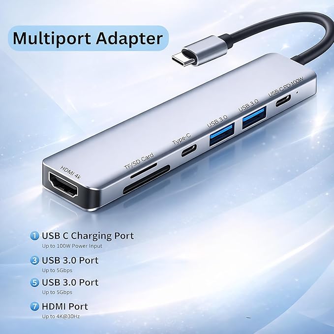 MacBook USB-C Hub 7-in-1 Multiport Adapter with 4K HDMI, 100W PD Charging, USB 3.0 & USB 2.0, SD/TF Card Reader, Aluminum Type-C Dock Compatible with Pro/Air, Chromebook, Dell, HP & USB-C Devices