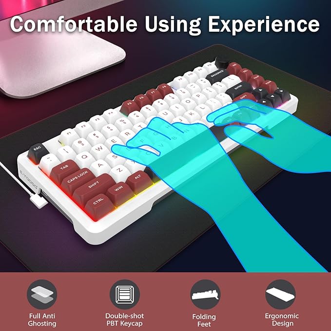 E-YOOSO 75% Wired Mechanical Gaming Keyboard, Creamy Sound, Hot Swappable Pre-lubed Linear Switches, Gasket Structure, Knob Control, RGB Backlit, Compact Custom for PC, White/Red