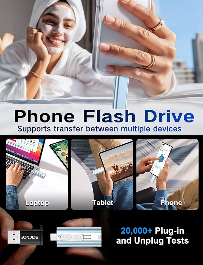 256GB Flash Drive Intended for Phone, USB External Memory Stick Storage Backup for Photos Videos, Plug and Play No APP Required, Compatible with iPhone iPad Android and PCs (1 Pack-Blue)