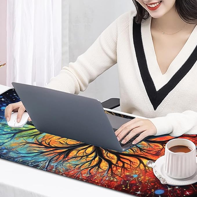Large Mouse Pad, 31.5 x 11.8in Extended Gaming Mouse Pad with Stitched Edges, XXL Mousepad Protector Non Slip Rubber Base for Office and Home Writing Mat, Colorful Tree of Life Pattern Black Desk Mat