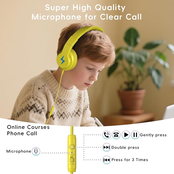 Candy Bila Kids Headphones, Wired Headphones for Kids Over Ear with Microphone, 85/94dB Volume Limiter Headphone for Girls Boys, Foldable Headphone for Learning & Entertainment, Yellow