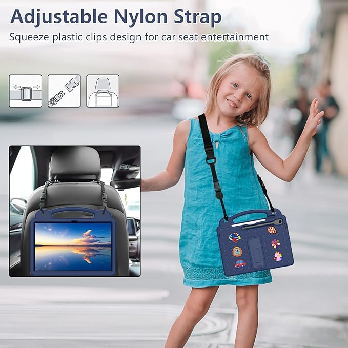 AKABEILA Compatible with Samsung Galaxy Tab A11+ 2025 Tablet Case, Kids Friendly Universal Lightweight Shockproof Protective Case with Shoulder Strap & Stand Handle Navy Blue