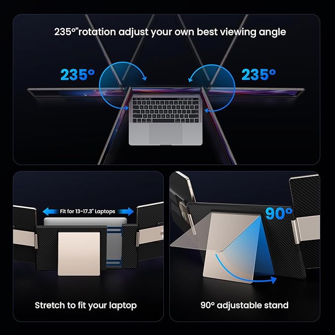 15.6" Laptop Screen Extender, 1080P FHD Laptop Monitor Extender, 235° Rotating Detachable Dual Monitor, Plug & Play Triple Screen for 13"-17.3" Laptops, Compatible with Mac/Windows/Android & Dex
