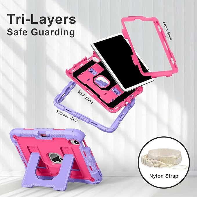 Kids Friendly Case for Apple iPad mini 7 A17 Pro 2024/iPad Mini 6 2021 8.3 Inch 7th/6th Gen Case with Pencil Holder & Shoulder Strap, Shockproof Kickstand Hard Shell Protective Cover,Rose+Purple