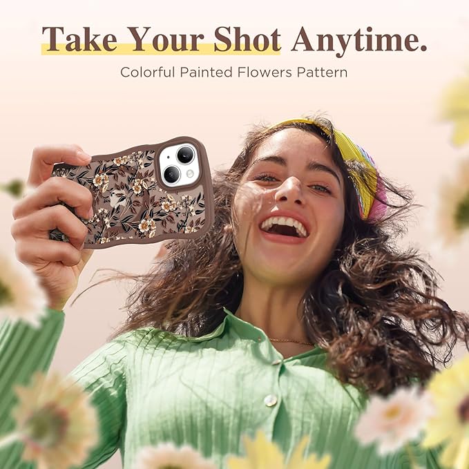 GVIEWIN Cute for iPhone 14 Case & iPhone 13 Case [Compatible with MagSafe] [Curly Wave Edge] Floral Translucent Magnetic Shockproof Protective Phone Cover for iPhone 14/13 6.1'', Bunchflower/Brown