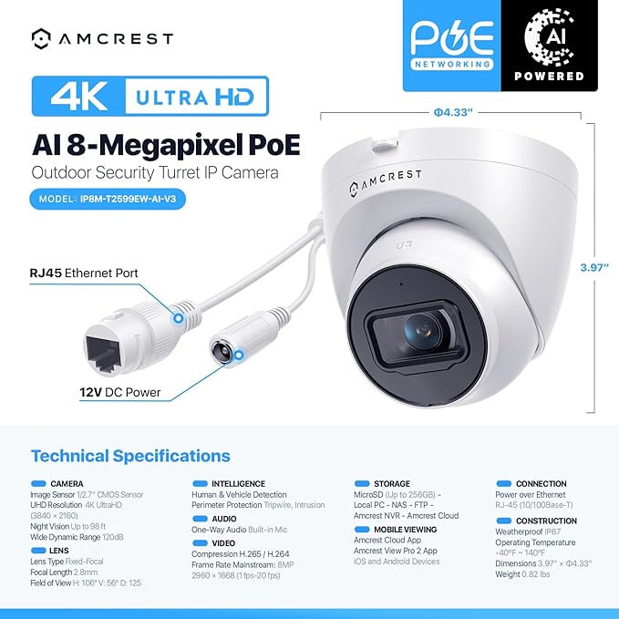 Amcrest UltraHD 4K (8MP) Outdoor Security IP Turret PoE Camera, 3840x2160, 98ft NightVision, 125° FOV, IP67 Weatherproof, MicroSD Recording (256GB), IP8M-T2599EW-AI-V3 (White)