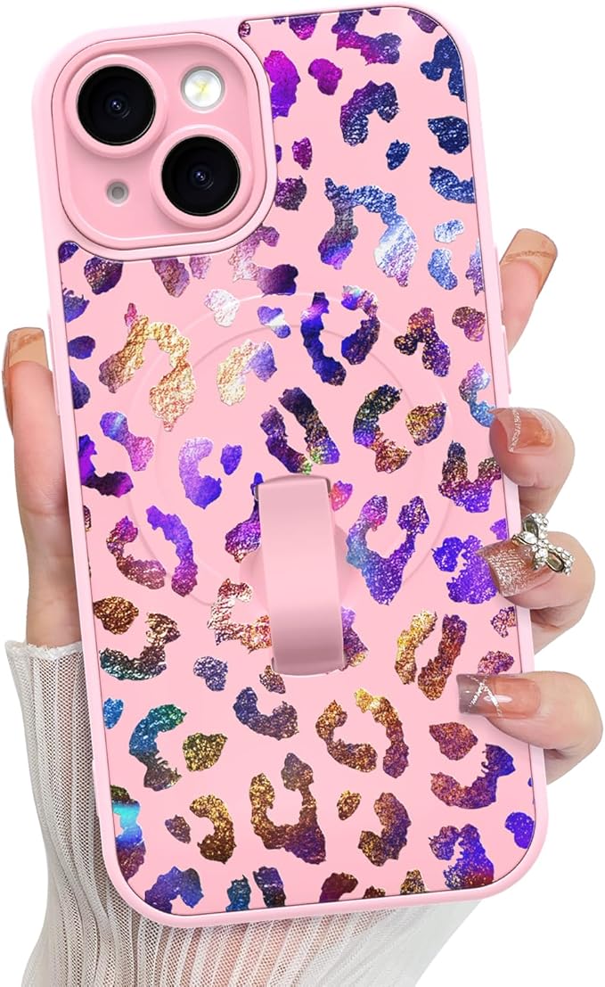 KANGHAR Compatible with iPhone 15 Case, Support for MagSafe, Silicone Cute Iridescent Leopard Cheetah Pattern, Wristband Kickstand Shockproof Protective Slim Cover for Women Girls, Pink