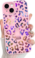 KANGHAR Compatible with iPhone 15 Case, Support for MagSafe, Silicone Cute Iridescent Leopard Cheetah Pattern, Wristband Kickstand Shockproof Protective Slim Cover for Women Girls, Pink