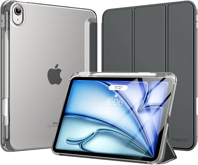 MoKo for iPad Air 11 inch Case (M4/M3/M2) 2026/2025/2024, iPad Air 5th/4th Gen 10.9 inch Case 2022/2020 with Pencil Holder, Slim Trifold Cover with Hard PC Translucent Back Shell, Space Gray