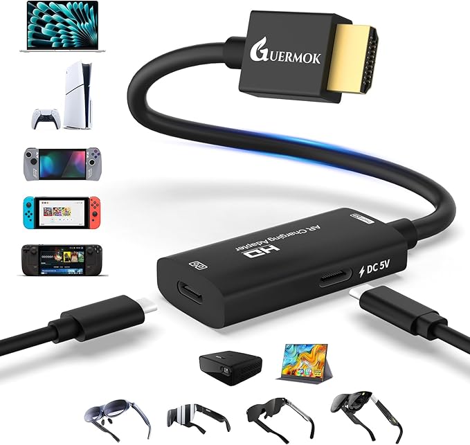 Guermok AR Glasses HDMI to USB-C Display Adapter, 4K@60Hz Play and Charge XR Converter with DC 5V, for XREAL One/Air 2 Pro/RayNeo/Rokid, Switch 2/1, Xbox1, PS4/5, Portable Monitors (Black)