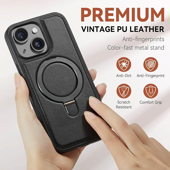 for iPhone 15 Plus Case with Stand, Compatible with MagSafe, Slim PU Leather & Durable TPU Protective Magnetic Kickstand Cover Drop-Proof with Tempered Glass Screen Protector 6.7", Black