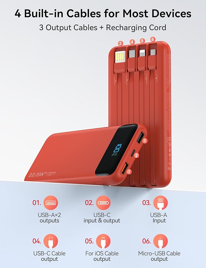 Portable Charger, 10000mAh 22.5W Fast Charging Power Bank with 4 Built-in Cables, Travel Essentials Battery Pack with LED Display, 6 Outputs Charging Bank Compatible with iPhone, iPad, Samsung etc Red