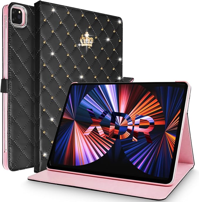 Changjia for iPad Pro 11 inch Case 2022(4th Gen)/2021(3rd Gen)/2020(2nd Gen)/2018 (1st Gen),Cute Crown Bling Diamond PU Leather Smart Auto Sleep/Wake Stand Shockproof Cover for iPad Pro 11 Inch, Black